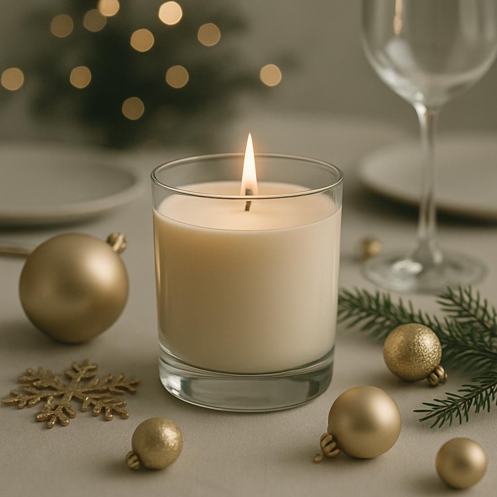 a candle with a burning wick and gold Christmas ornaments on a table with gold twist top christmas tree and pine needle in...