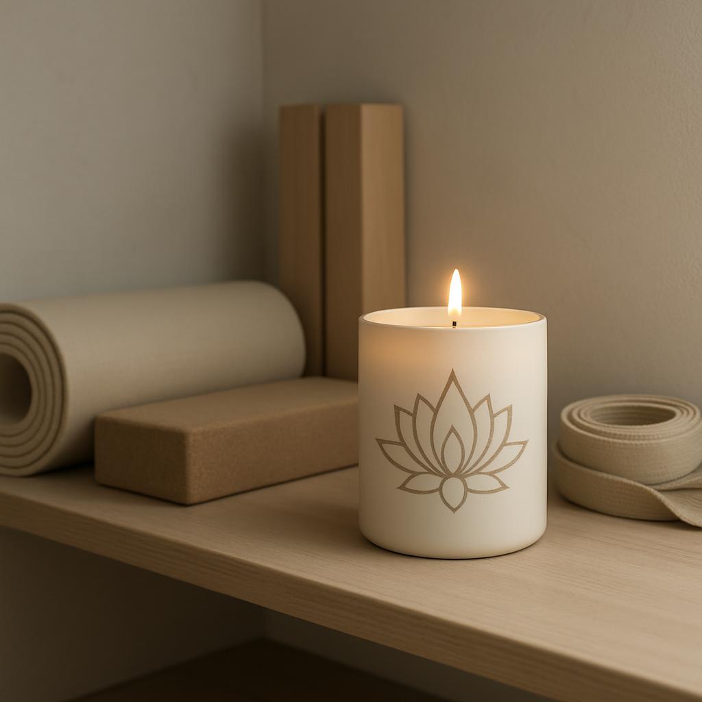 An off-white candle burns in a matte white container with a gold lotus design, adjacent to various objects on a wooden she...