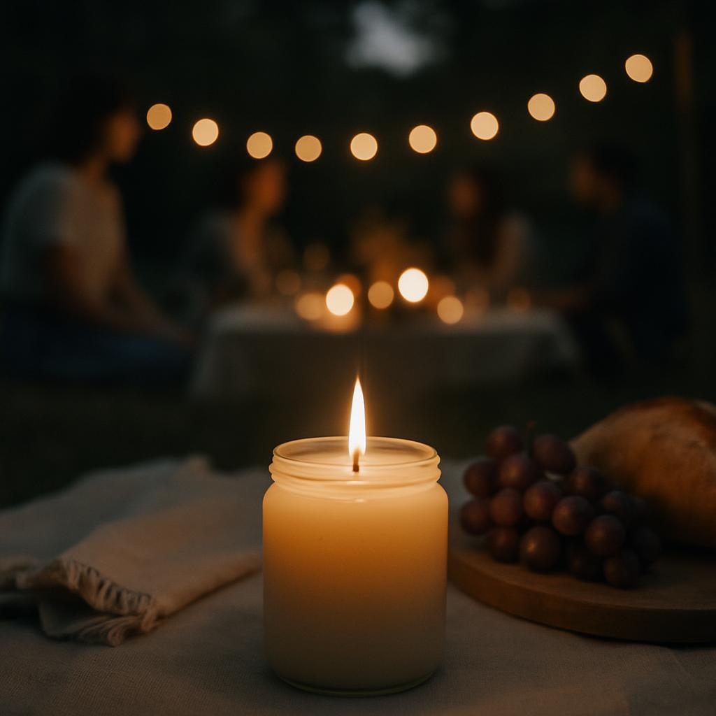 An outdoor table with a lit candle, a platter of food, a folded cloth napkin, and a string of lights hanging above in a da...
