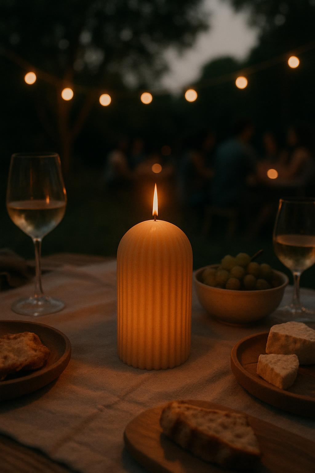 A lit candle on a table set for a meal, with wine glasses, cheese, and bread, outdoors and possibly at night, with lights ...