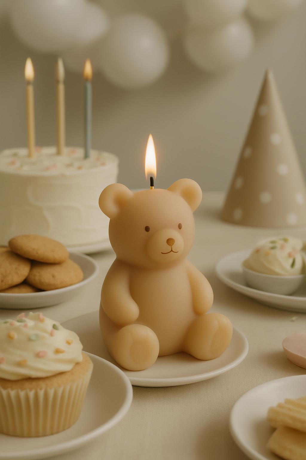 A teddy bear candle with a lit wick on a white plate, surrounded by a birthday cake, cupcakes, cookies, and a party hat.
