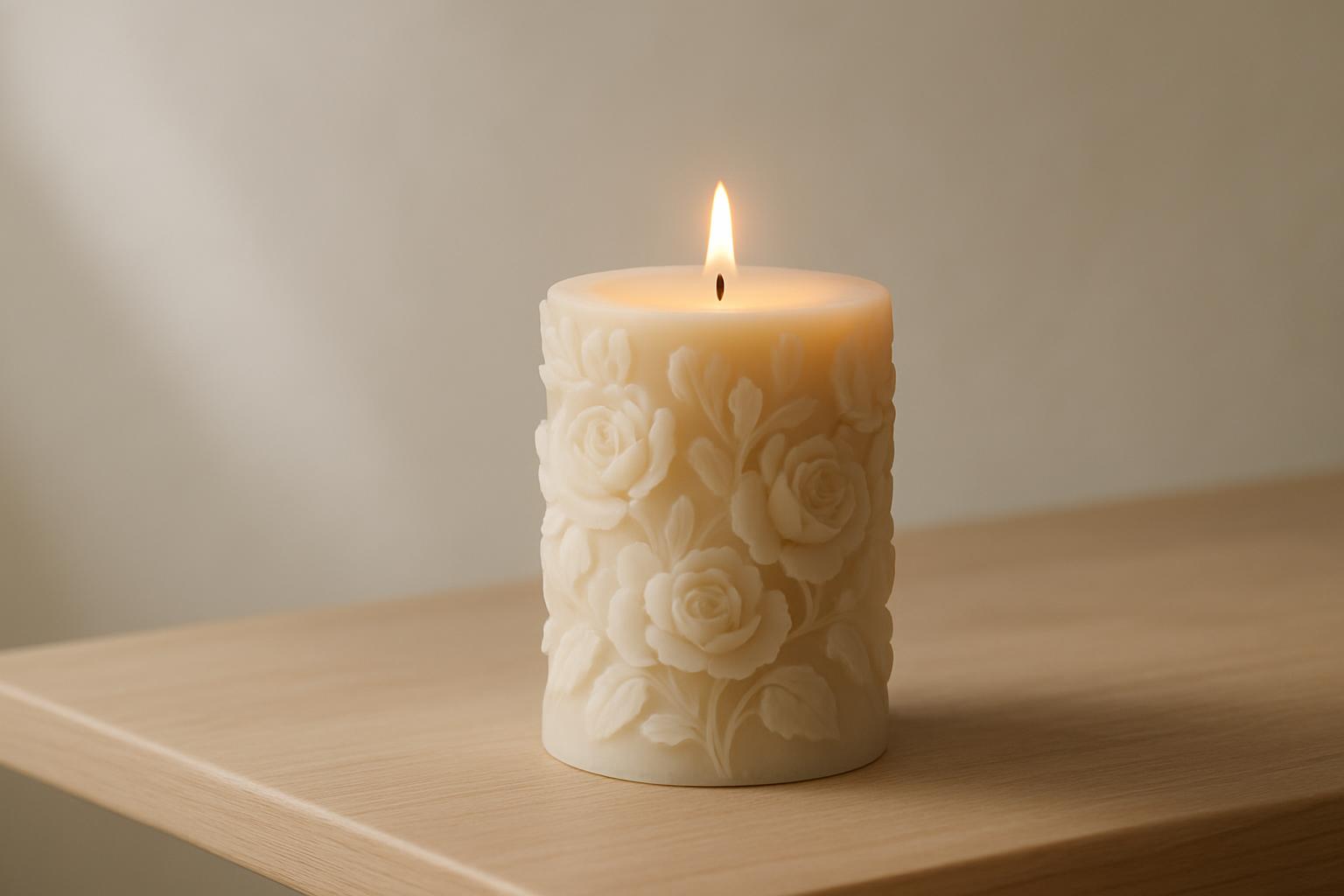 A white cylindrical candle with a flame lit on its top, featuring a floral design next to it, placed on a light-brown wood...