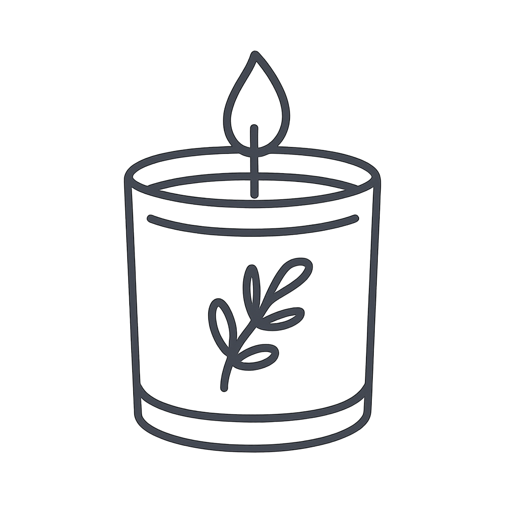 CandleA simple graphical representation of a candle in a minimal style with a leaves logo, possibly meant as a monochrome ...